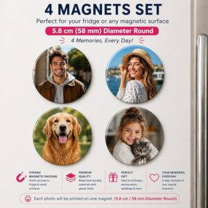 Personalized Round Photo Fridge Magnets Set of 4 | Custom Picture Magnets | Birthday for Couples | 5.8 cm (58 mm) Diameter
